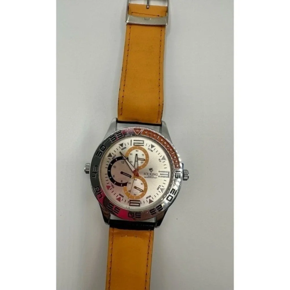 Ice King Mens Chronograph Watch Yellow Dial Silver Tone Bezel‎ Black Strap